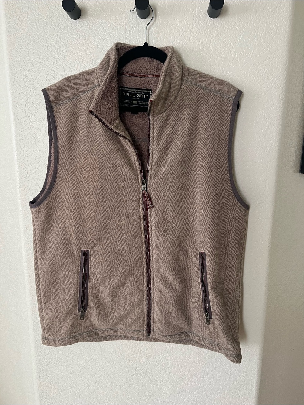 True Grit Mens XL Brown Herringbone Sherpa Fleece Vest Mock Neck Outdoor
